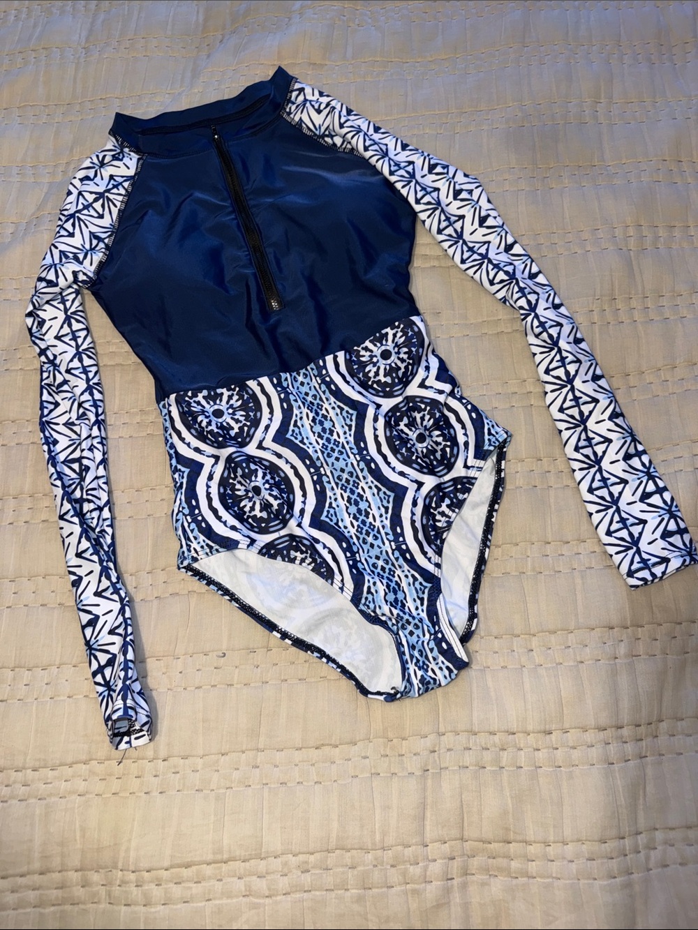 Women’s Long Sleeve One-Piece Swimsuit - Navy Blue Pattern